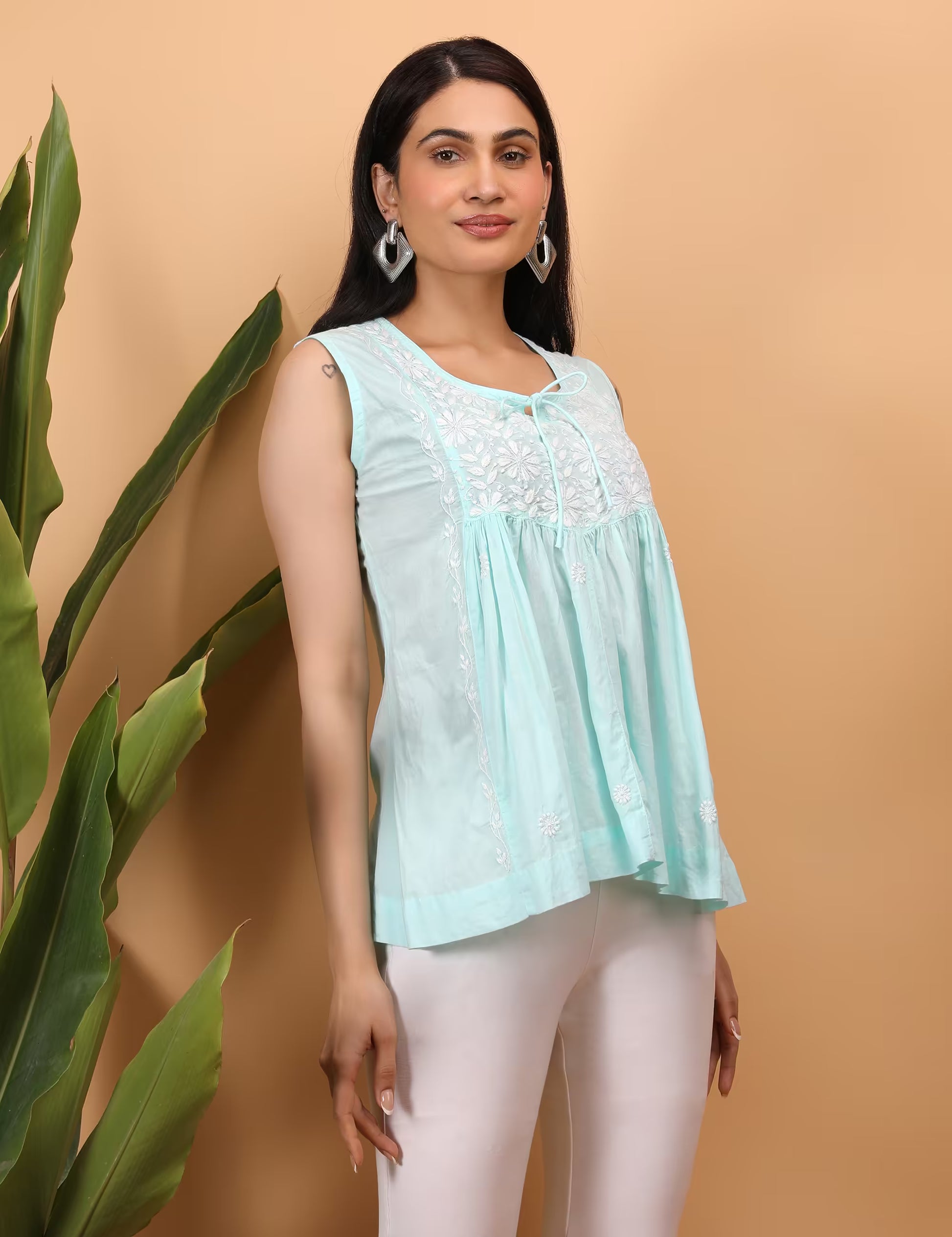 Shwet Women Sea Blue Chikankari Sleevless Yoke Top - Shwet Artistry