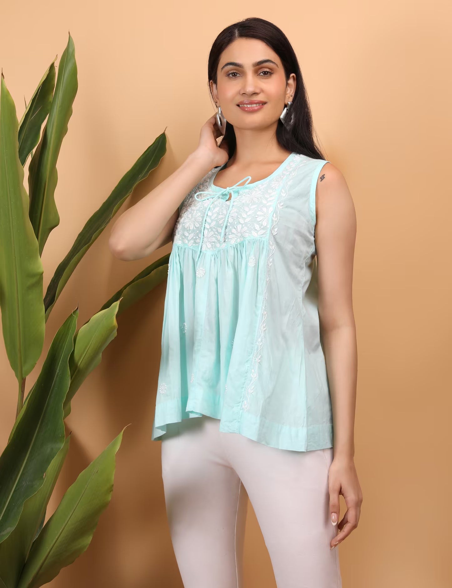 Shwet Women Sea Blue Chikankari Sleevless Yoke Top - Shwet Artistry