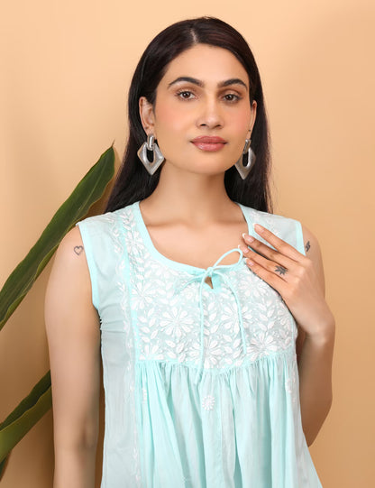 Shwet Women Sea Blue Chikankari Sleevless Yoke Top - Shwet Artistry