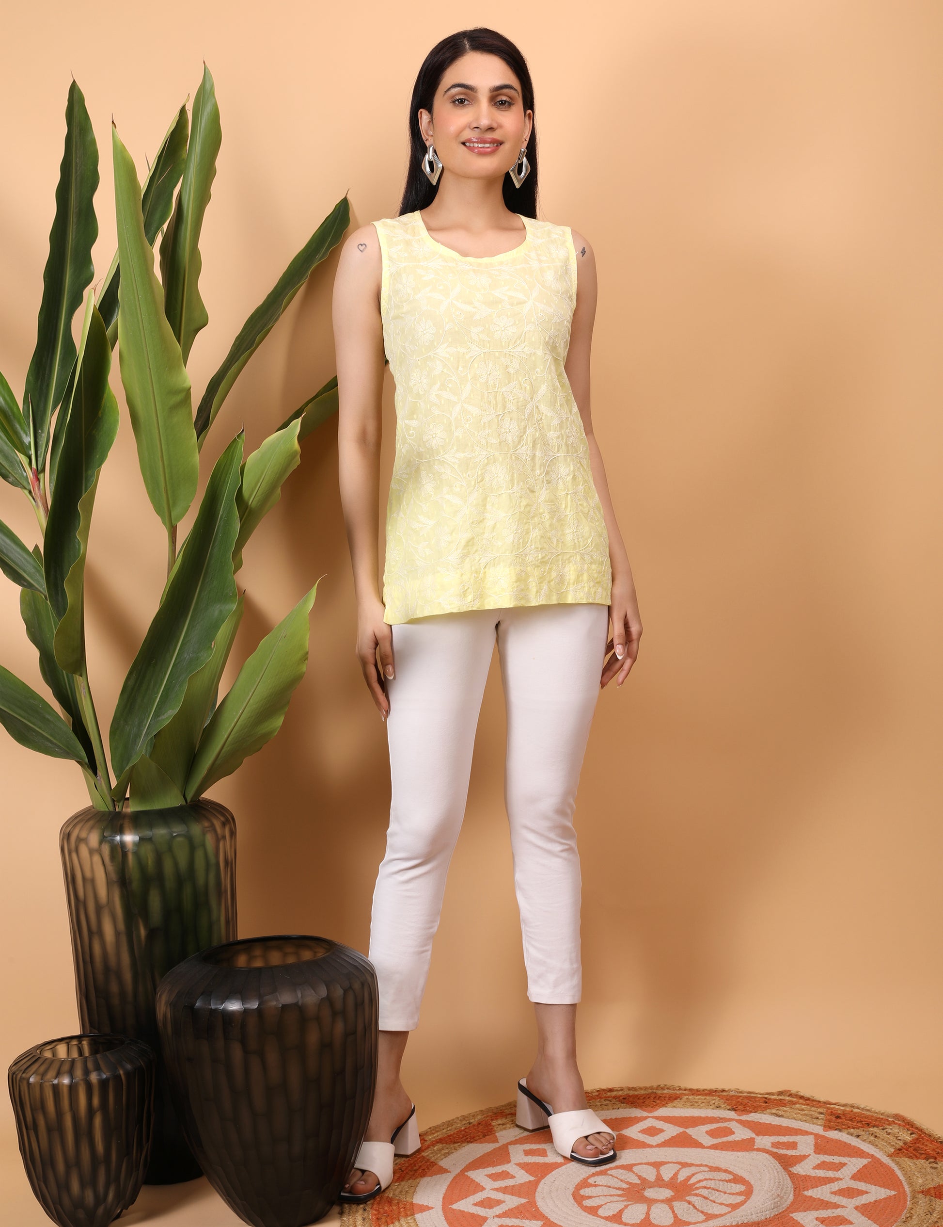 Shwet Artistry Shwet Women Yellow Chikankari Sleevless Top - Premium Chikankari Collection