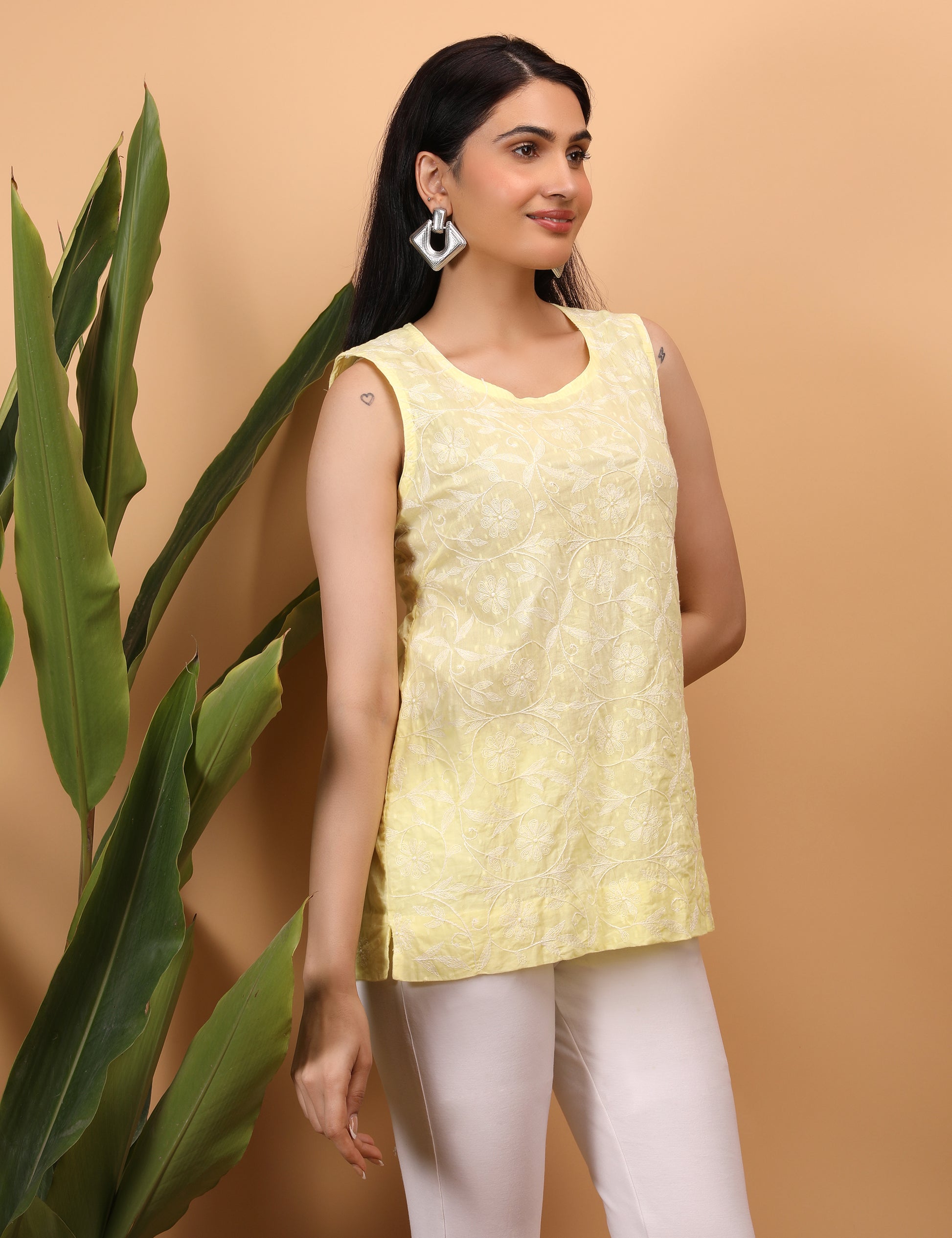 Shwet Artistry Shwet Women Yellow Chikankari Sleevless Top - Premium Chikankari Collection