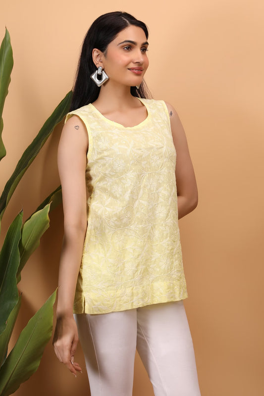 Shwet Women Yellow Hand Embroidered Chikankari Sleeveless Top