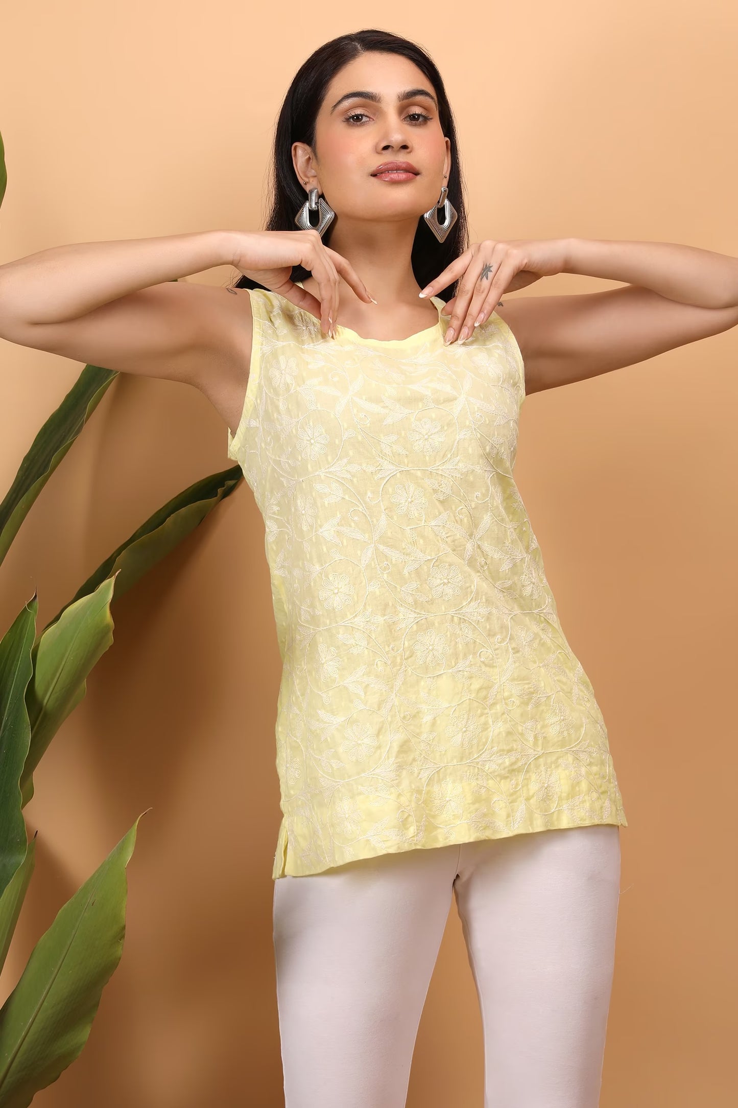 Shwet Women Yellow Hand Embroidered Chikankari Sleeveless Top