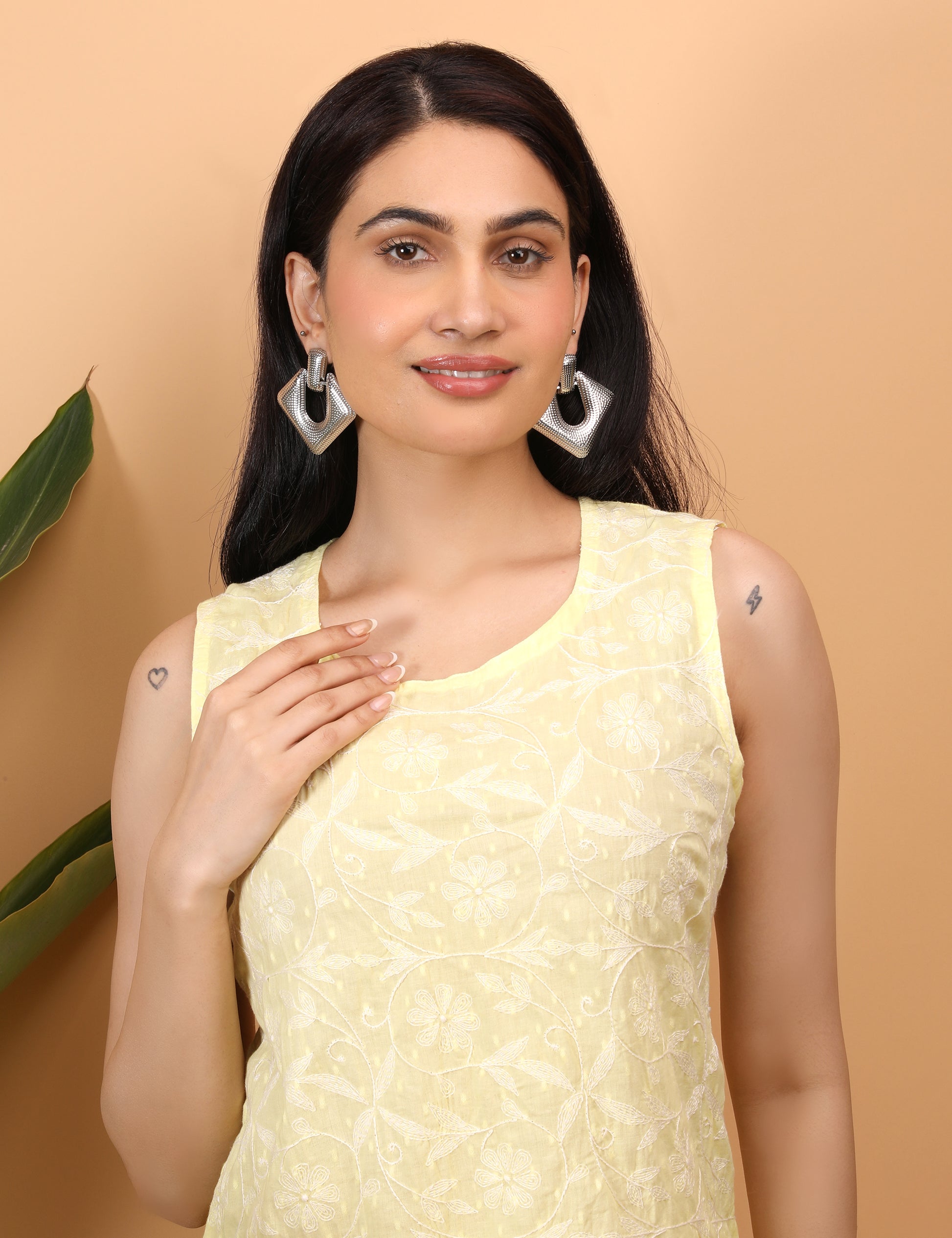 Shwet Artistry Shwet Women Yellow Chikankari Sleevless Top - Premium Chikankari Collection
