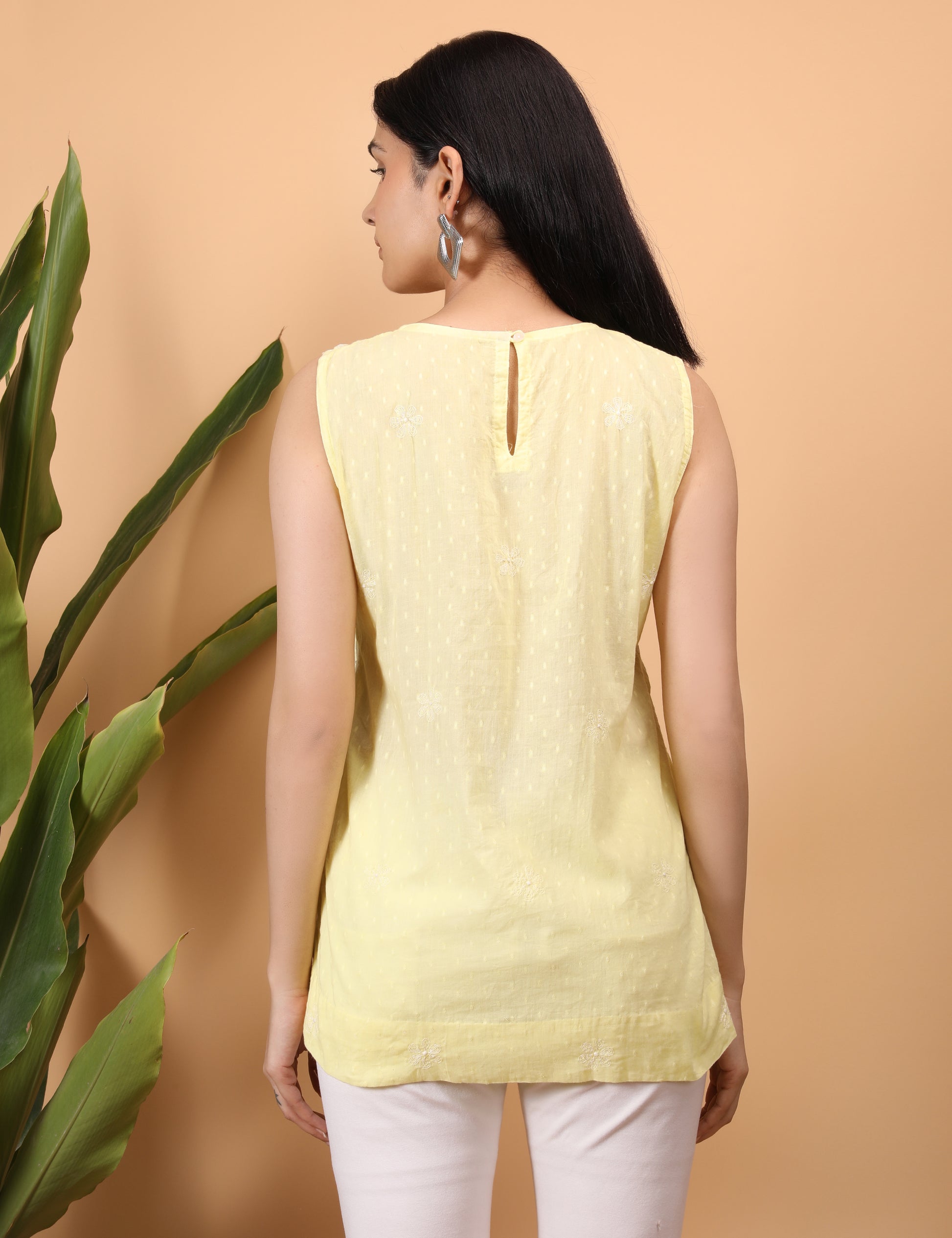 Shwet Artistry Shwet Women Yellow Chikankari Sleevless Top - Premium Chikankari Collection