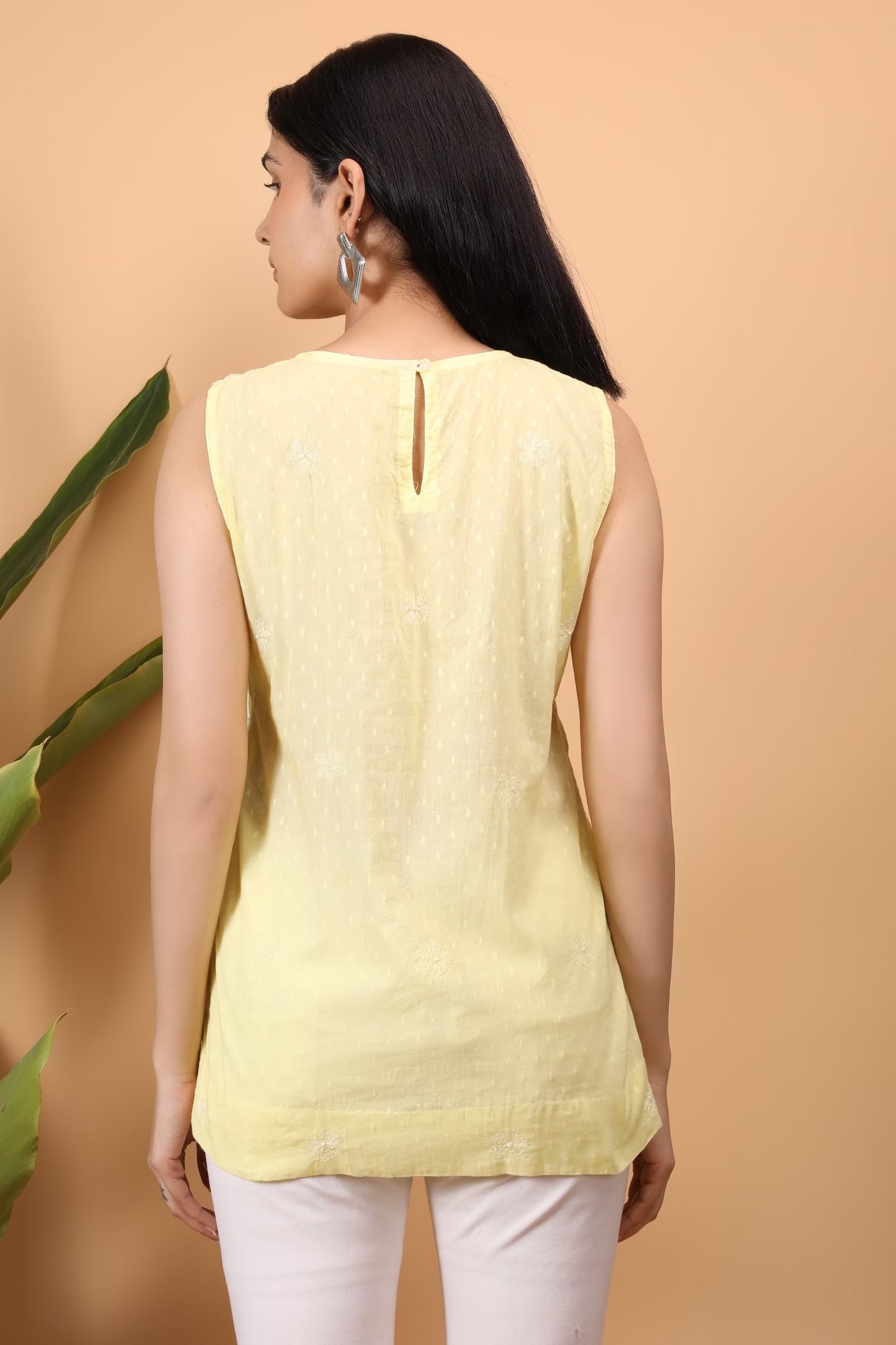 Shwet Women Yellow Hand Embroidered Chikankari Sleeveless Top