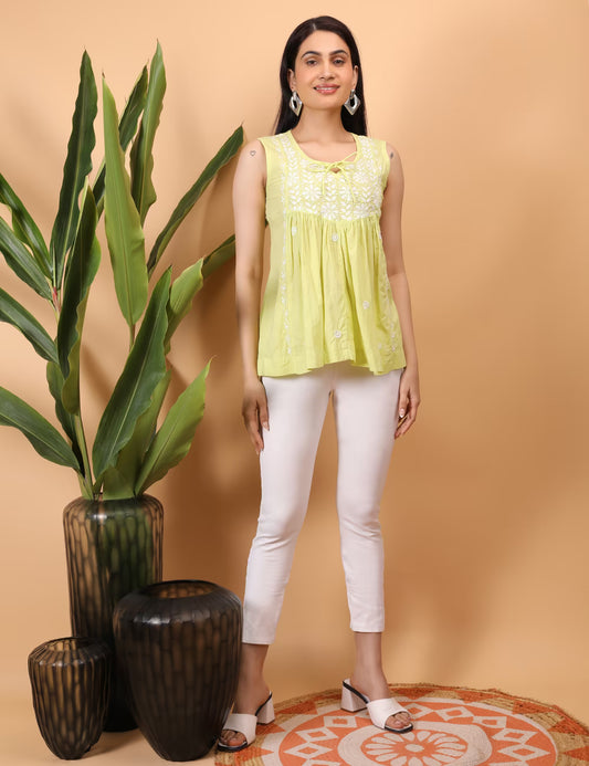 Shwet Women Yellow Chikankari Sleevless Yoke Top - Shwet Artistry