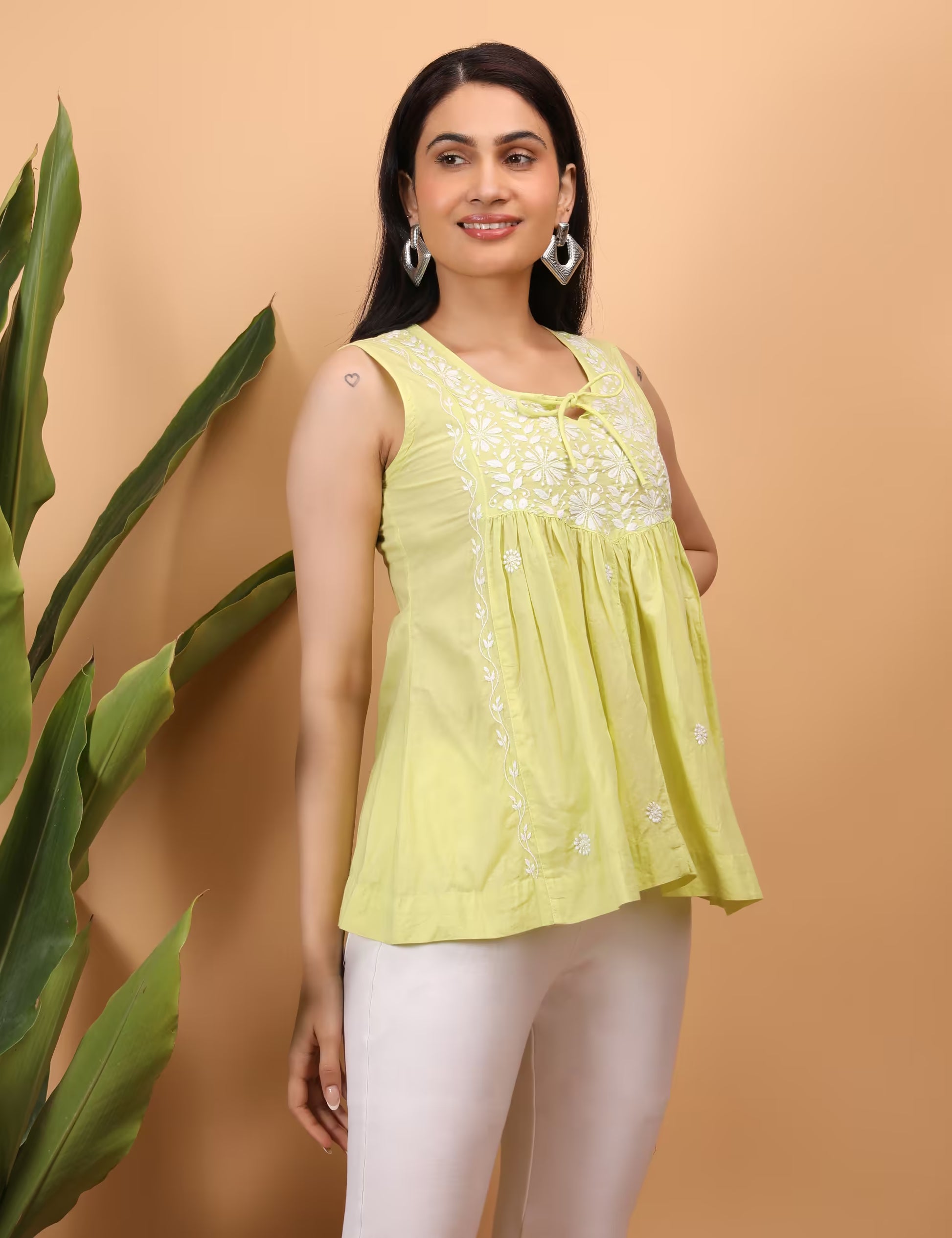 Shwet Women Yellow Chikankari Sleevless Yoke Top - Shwet Artistry