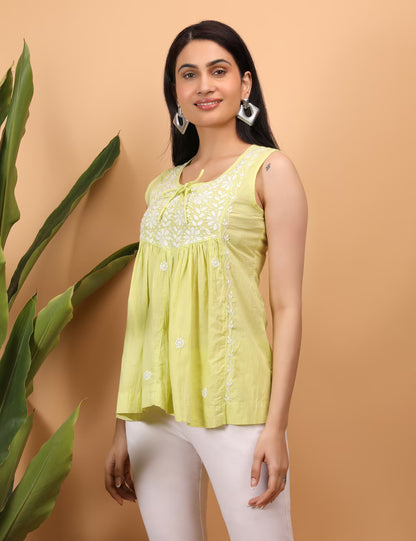 Shwet Women Yellow Chikankari Sleevless Yoke Top - Shwet Artistry