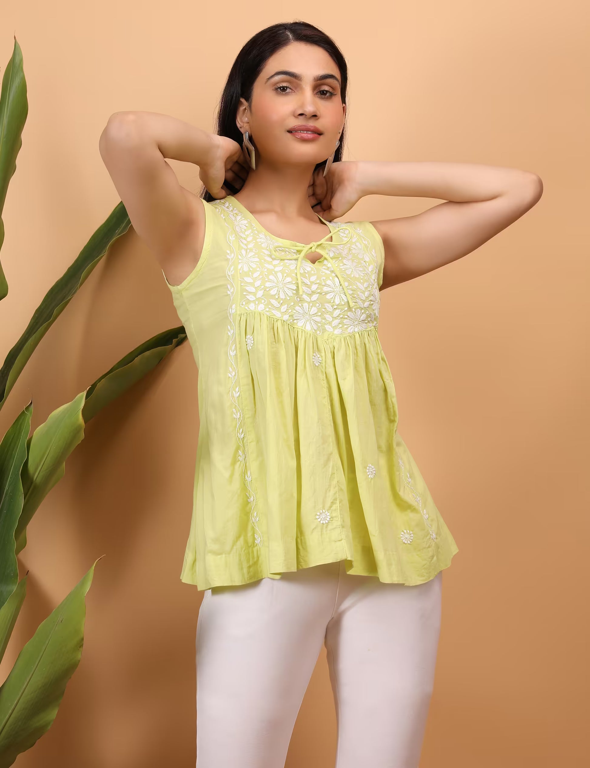 Shwet Women Yellow Chikankari Sleevless Yoke Top - Shwet Artistry