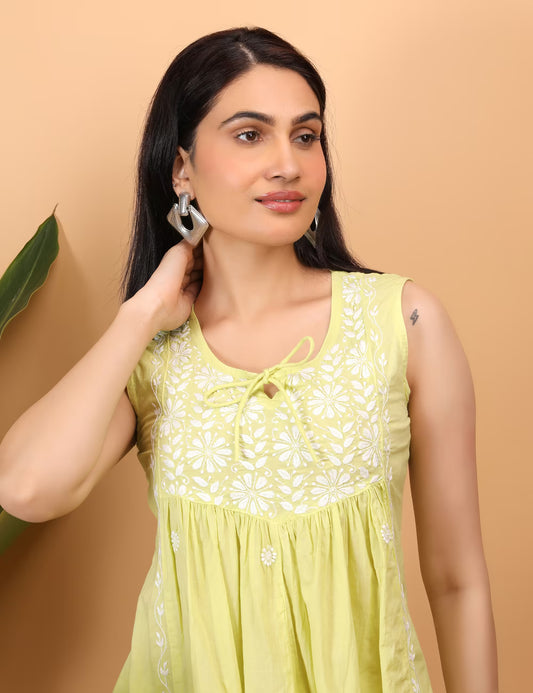 Shwet Women Yellow Chikankari Sleevless Yoke Top - Shwet Artistry