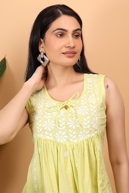 Shwet Artistry Shwet Women Yellow Chikankari Sleevless Yoke Top - Premium Chikankari Collection
