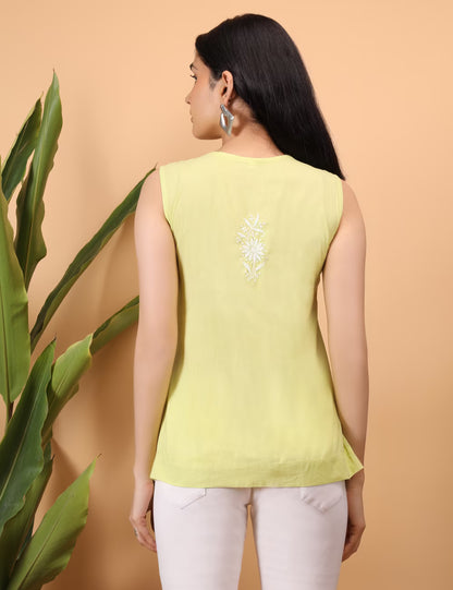 Shwet Women Yellow Chikankari Sleevless Yoke Top - Shwet Artistry