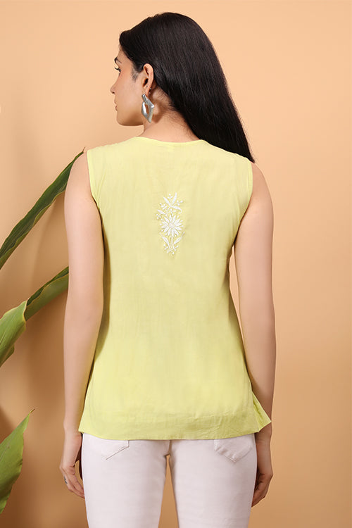 Shwet Artistry Shwet Women Yellow Chikankari Sleevless Yoke Top - Premium Chikankari Collection