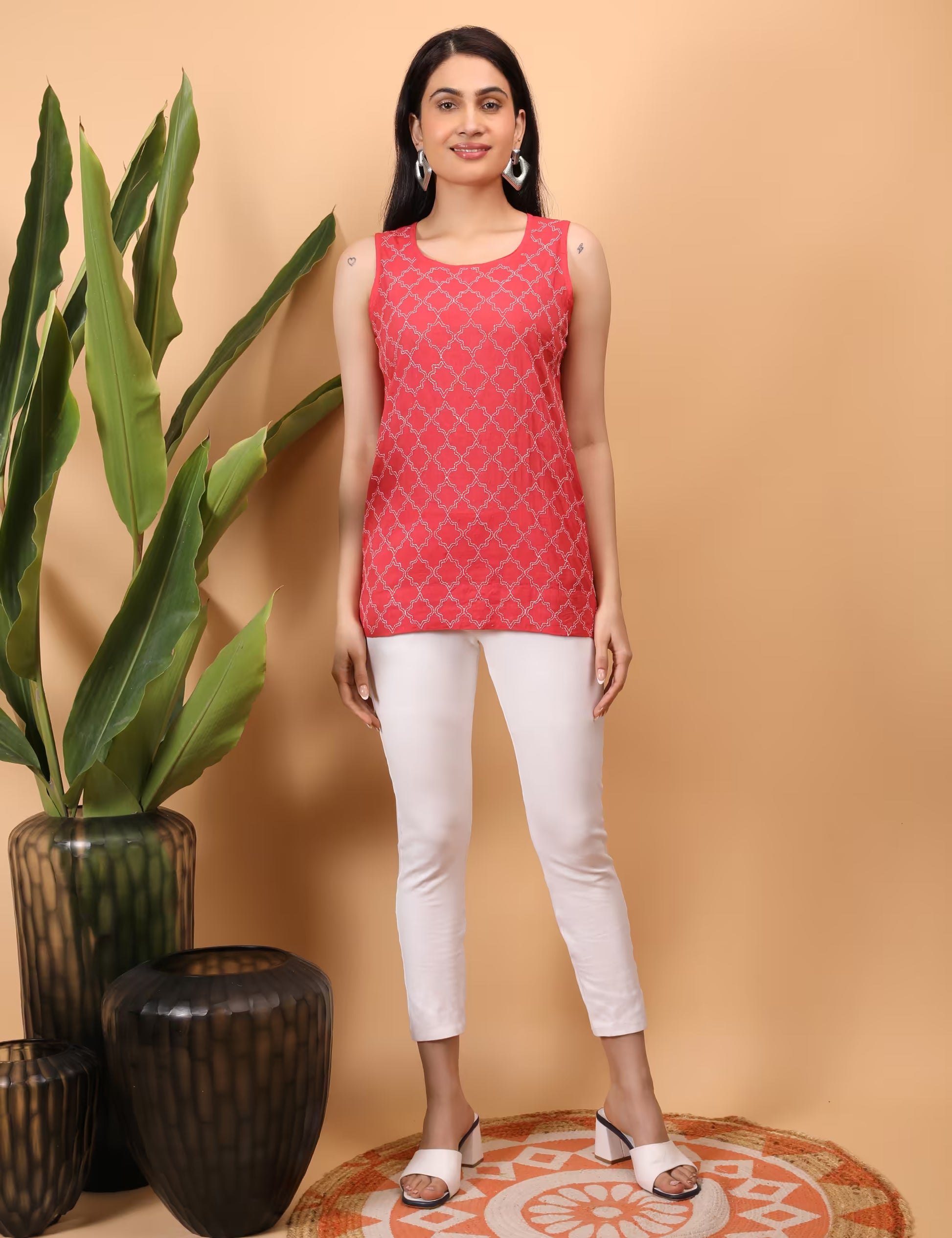 Shwet Women Red Chikankari Sleeveless Top - Shwet Artistry