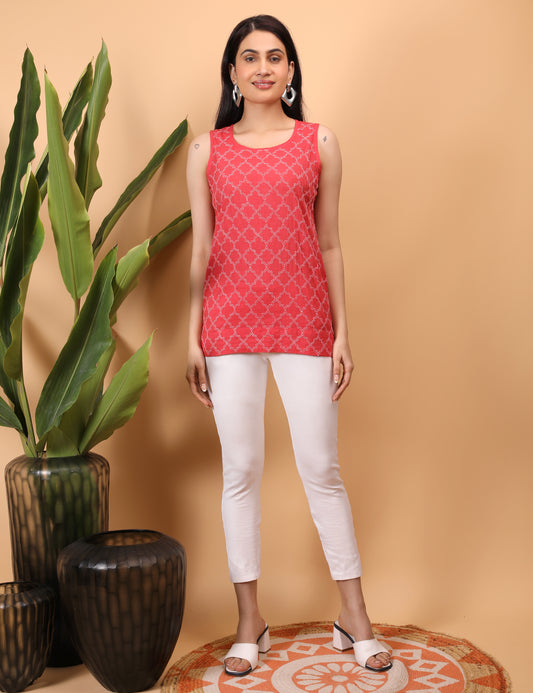 Shwet Artistry Shwet Women Red Chikankari Sleevless Top - Premium Chikankari Collection