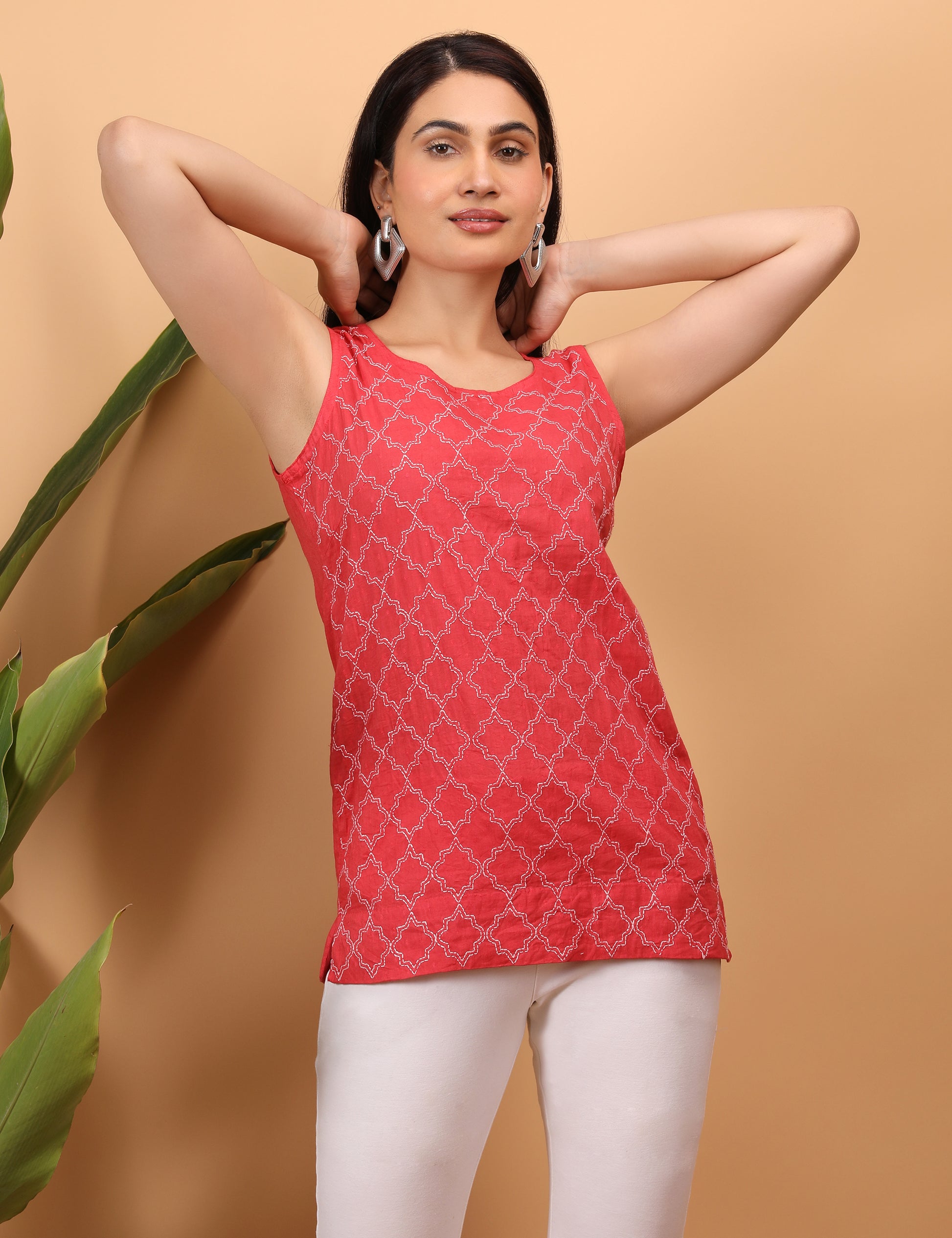 Shwet Artistry Shwet Women Red Chikankari Sleevless Top - Premium Chikankari Collection