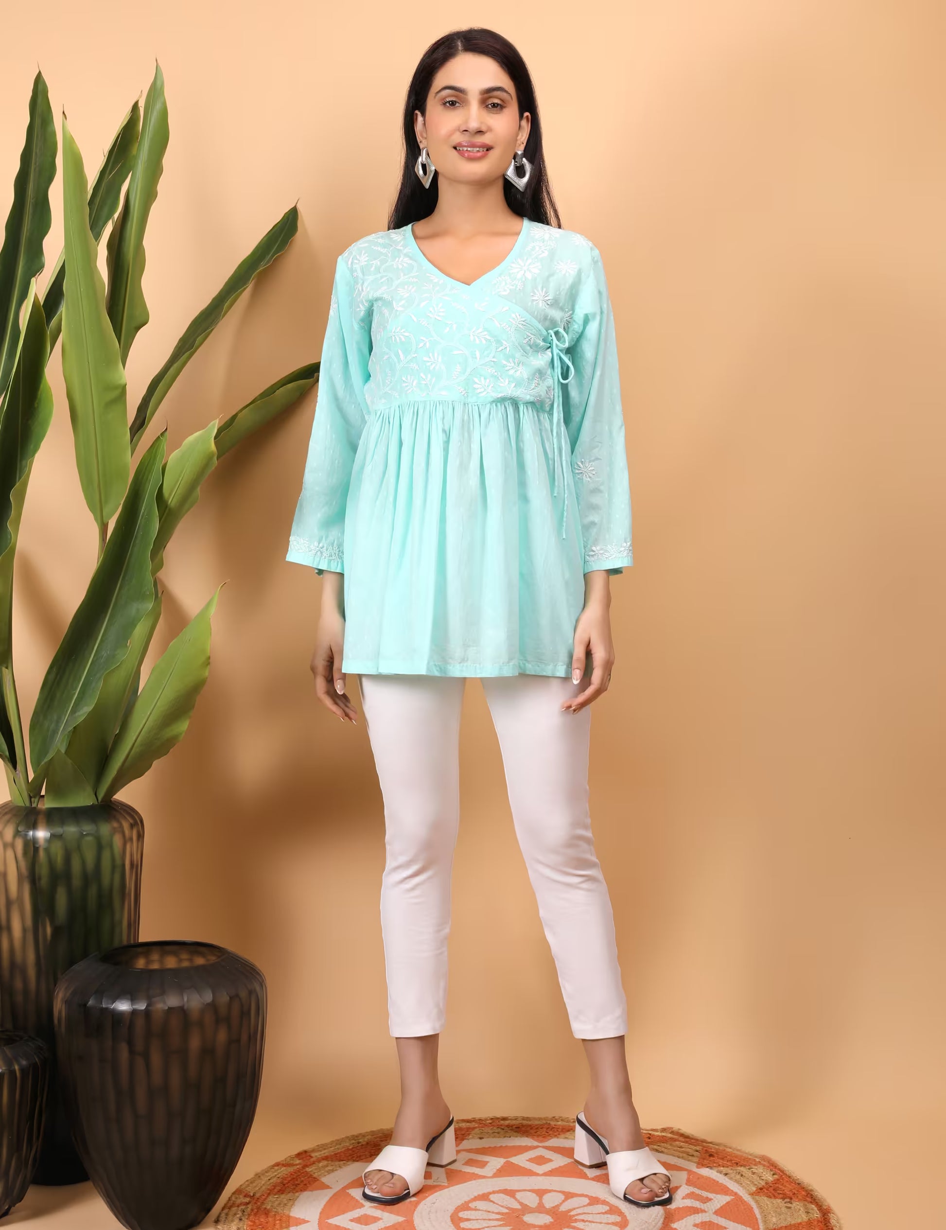 Shwet Sea Blue Women Chikankari Angarkha Top - Shwet Artistry