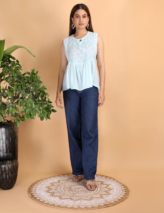 Shwet Women Sky Blue Chikankari Sleevless Yoke Top - Shwet Artistry