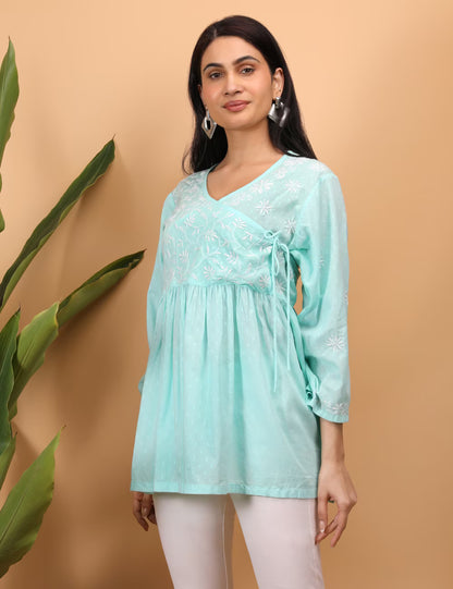 Shwet Sea Blue Women Chikankari Angarkha Top - Shwet Artistry
