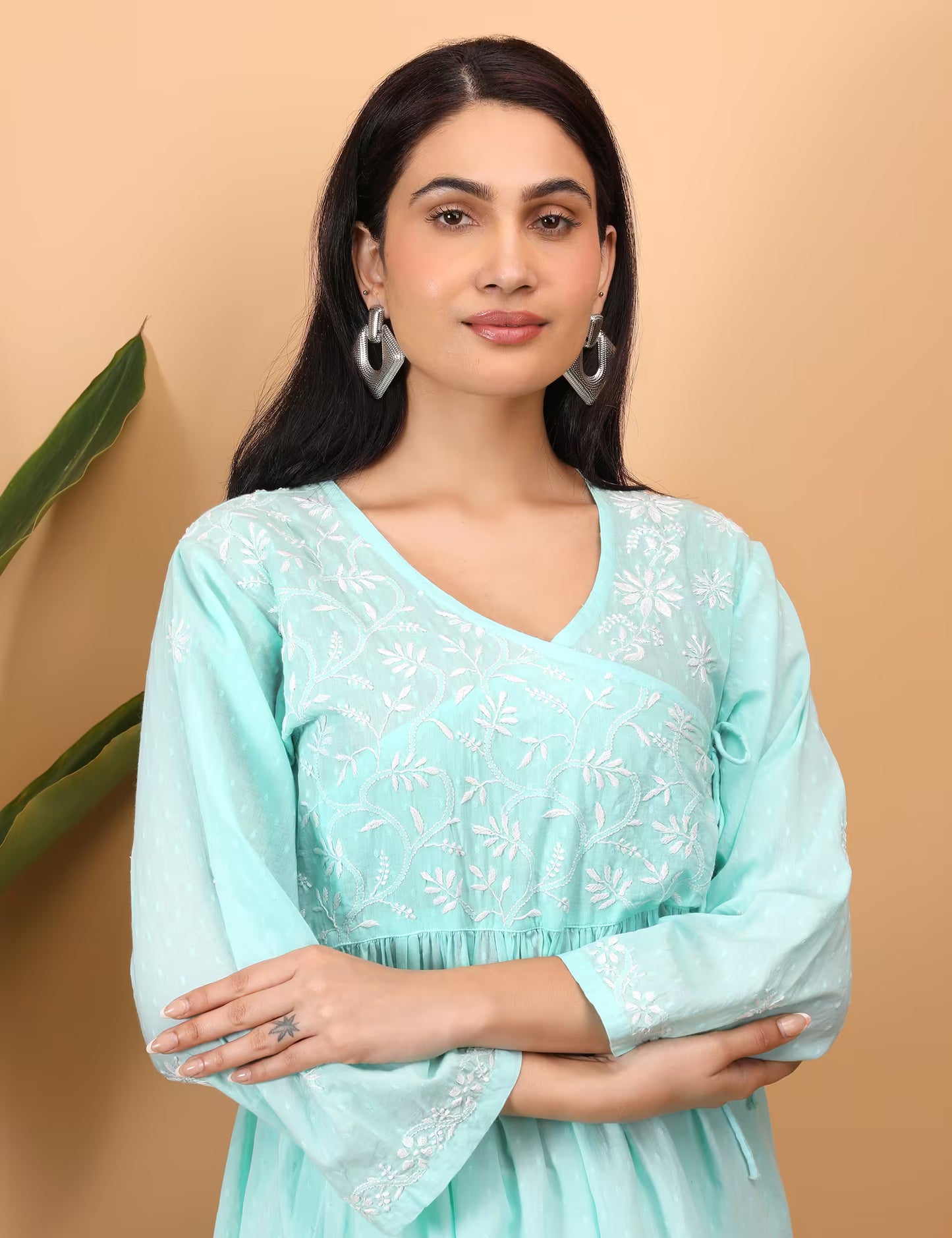 Shwet Sea Blue Women Chikankari Angarkha Top - Shwet Artistry