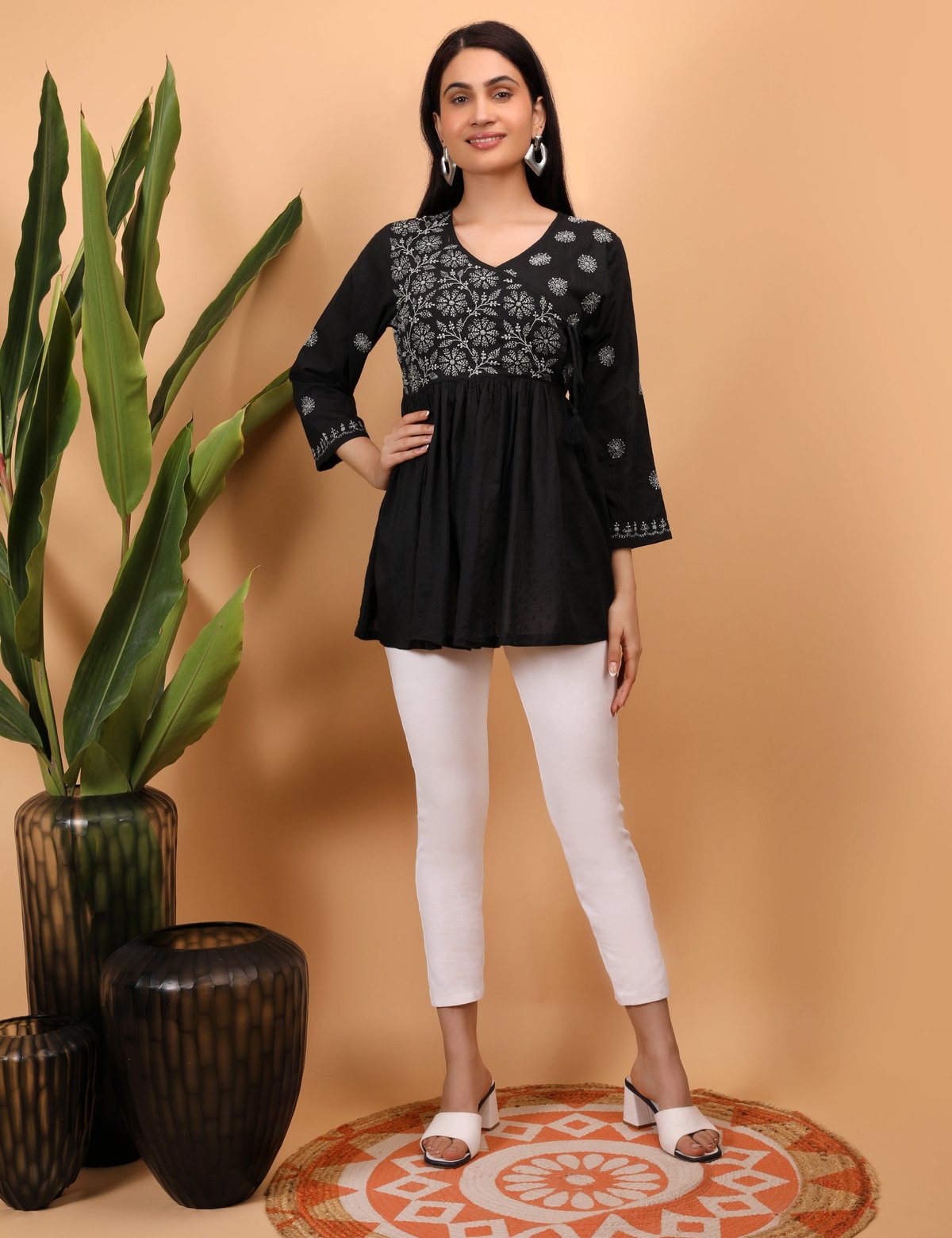 Shwet Women Black Chikankari Angarkha Top - Handcrafted Chikankari embroidery, front view. Premium quality fabric.