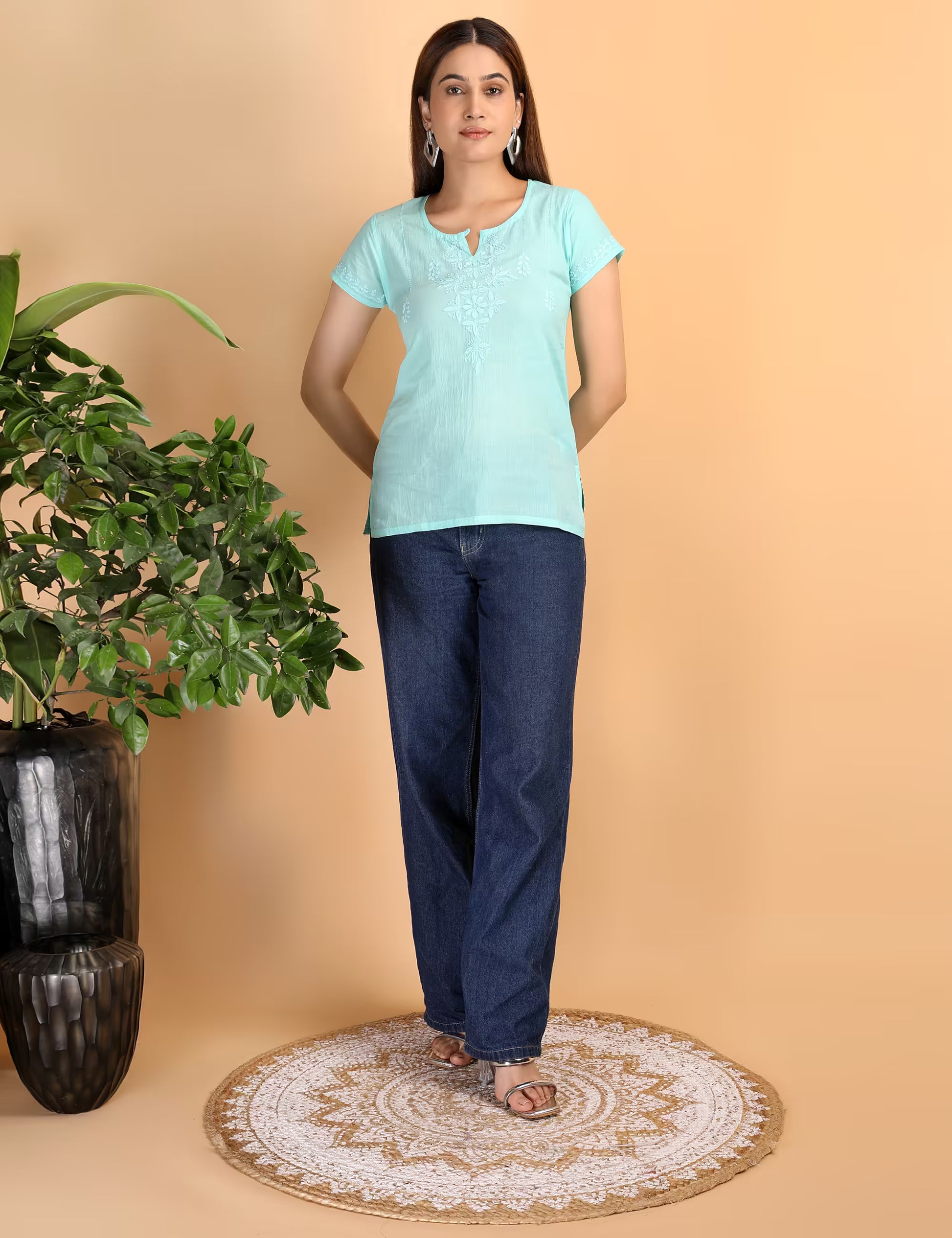 Shwet Women Sea Green Chikankari Cotton Short Top - Shwet Artistry