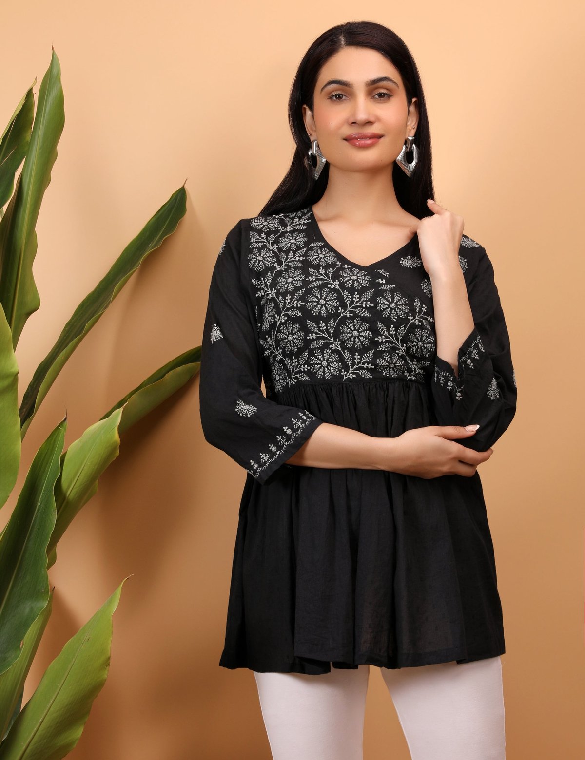 Shwet Women Black Chikankari Angarkha Top - Handcrafted Chikankari embroidery, close-up detail. Premium quality fabric.