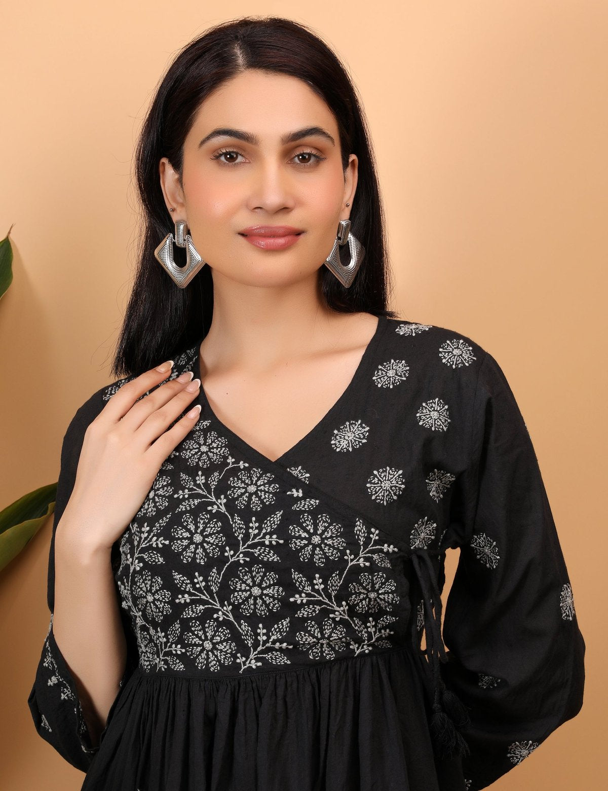 Shwet Women Black Chikankari Angarkha Top - Handcrafted Chikankari embroidery. Premium quality fabric.