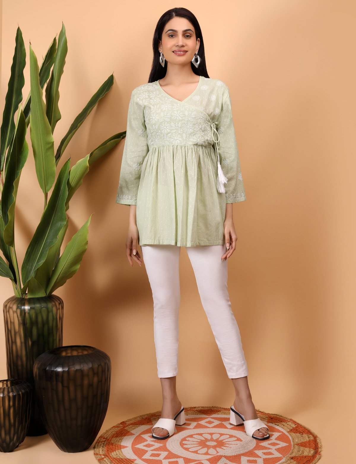 shwet green white women chikankari angarkha top - Handcrafted Chikankari embroidery, front view. Premium quality fabric.