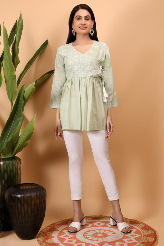 Shwet Green women chikankari angarkha top