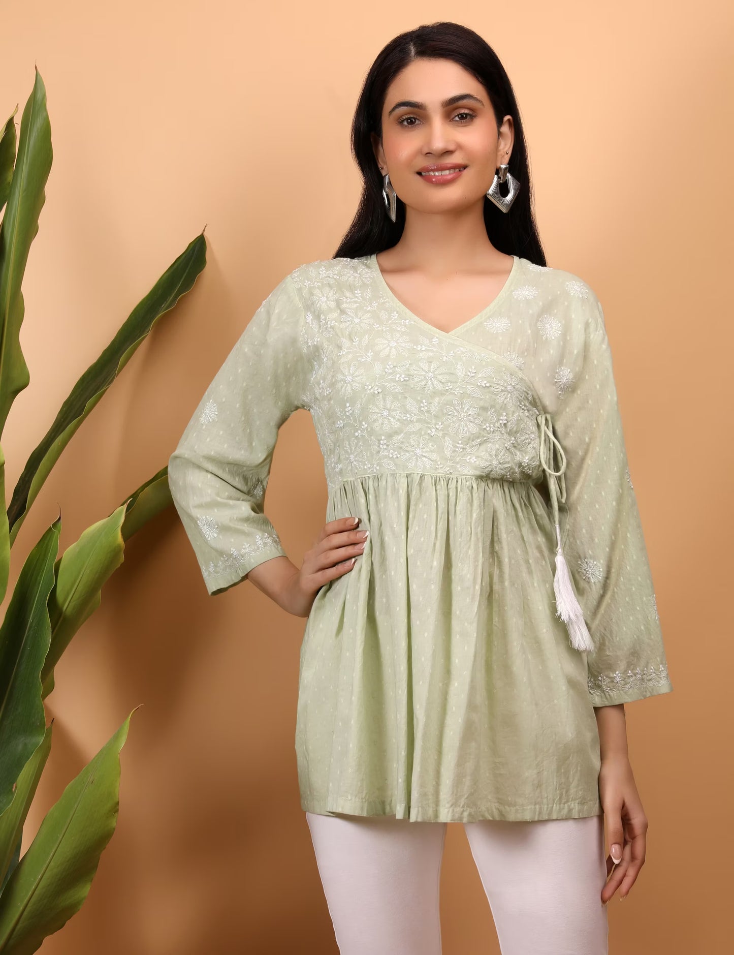 Shwet Green women chikankari angarkha top