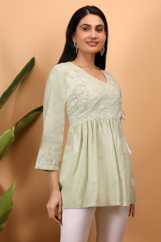 Shwet Green women chikankari angarkha top