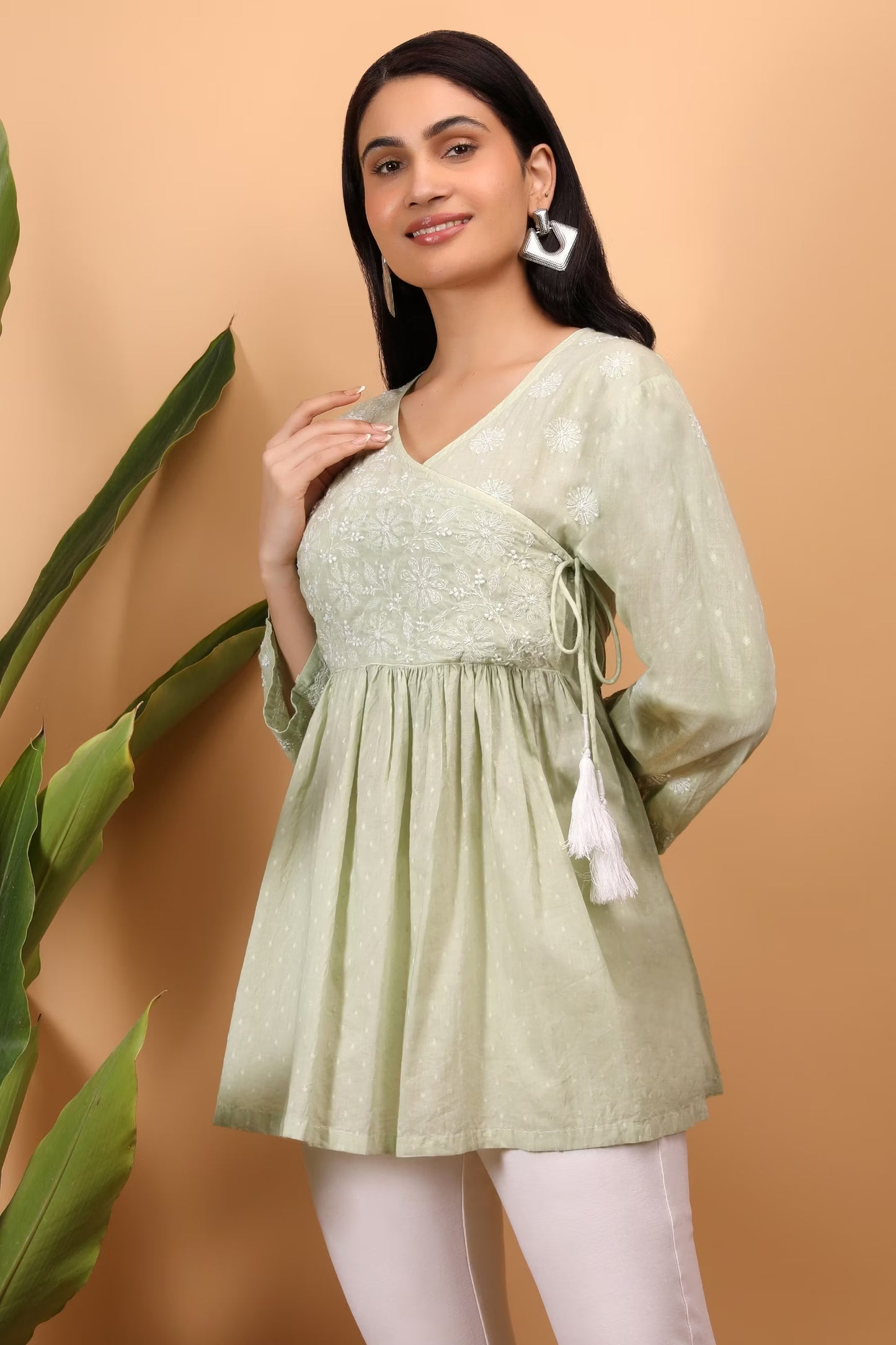 Shwet Green women chikankari angarkha top