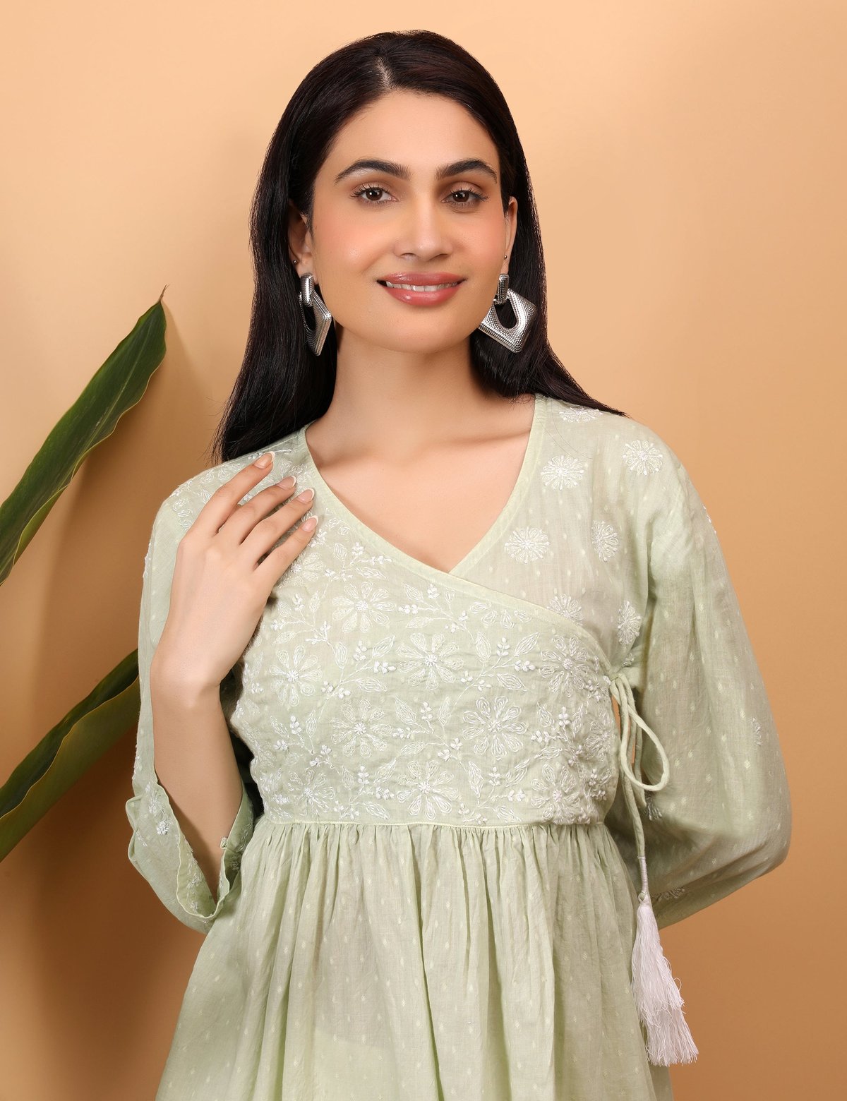 shwet green white women chikankari angarkha top - Handcrafted Chikankari embroidery. Premium quality fabric.