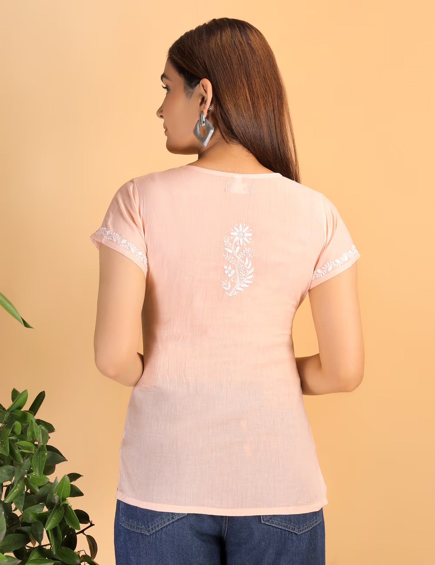 Shwet Women Peach Chikankari Cotton Short Top - Shwet Artistry