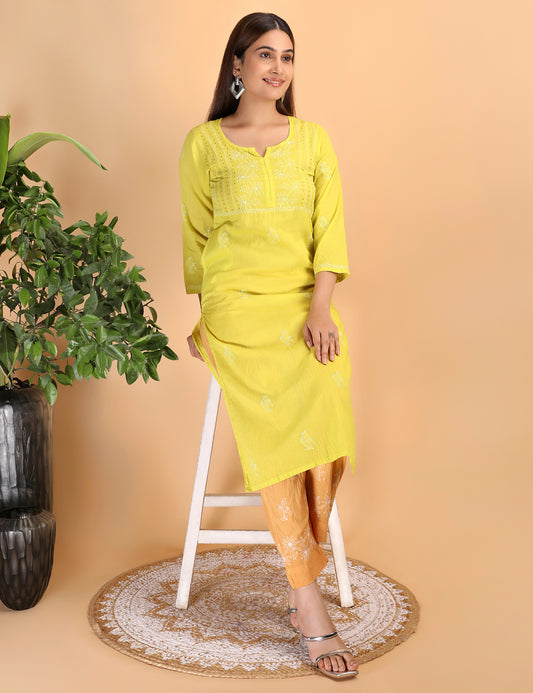 Shwet Artistry Shwet Women Parrot Green Chikankari Kurta pants - Premium Chikankari Collection