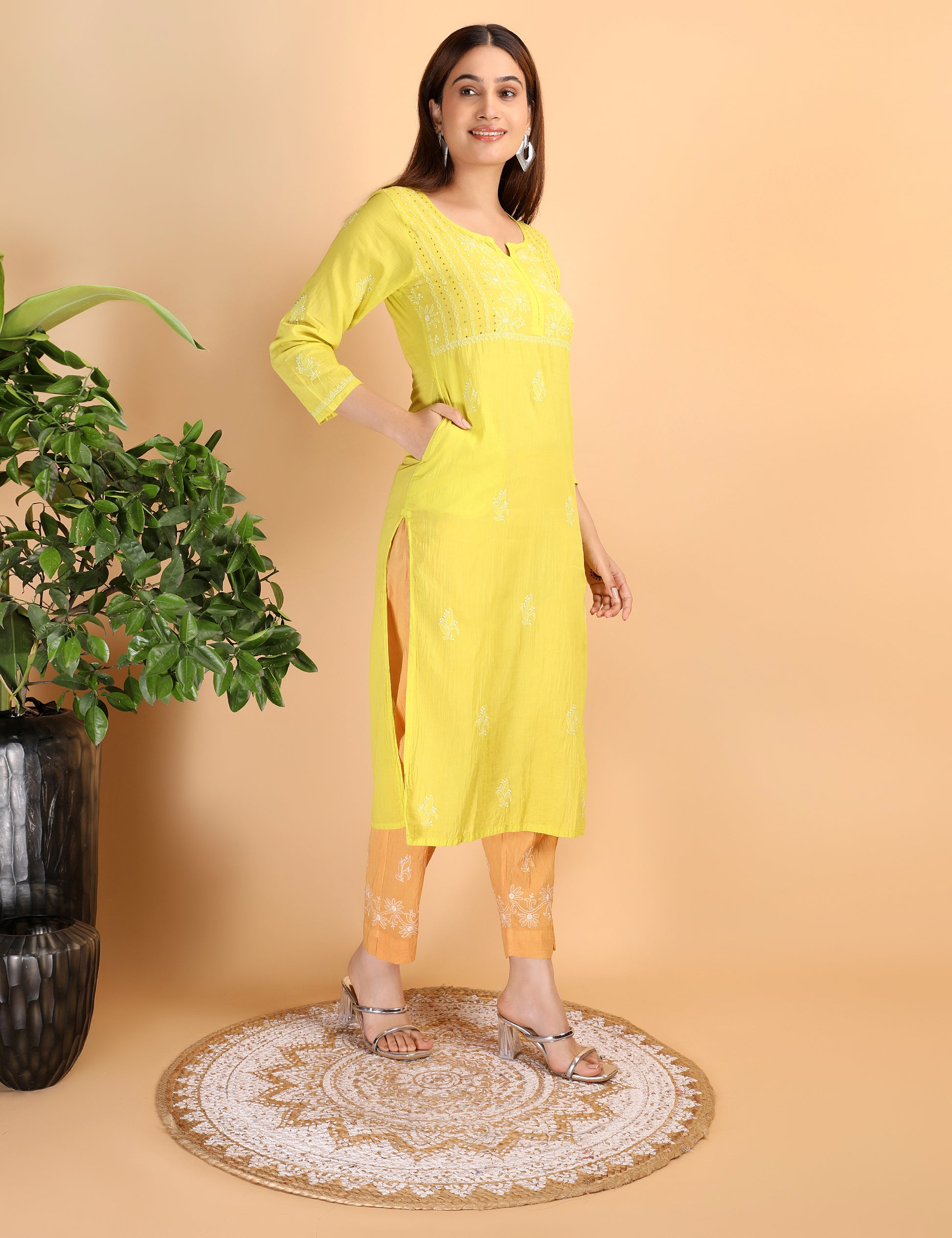 Shwet Artistry Shwet Women Parrot Green Chikankari Kurta pants - Premium Chikankari Collection