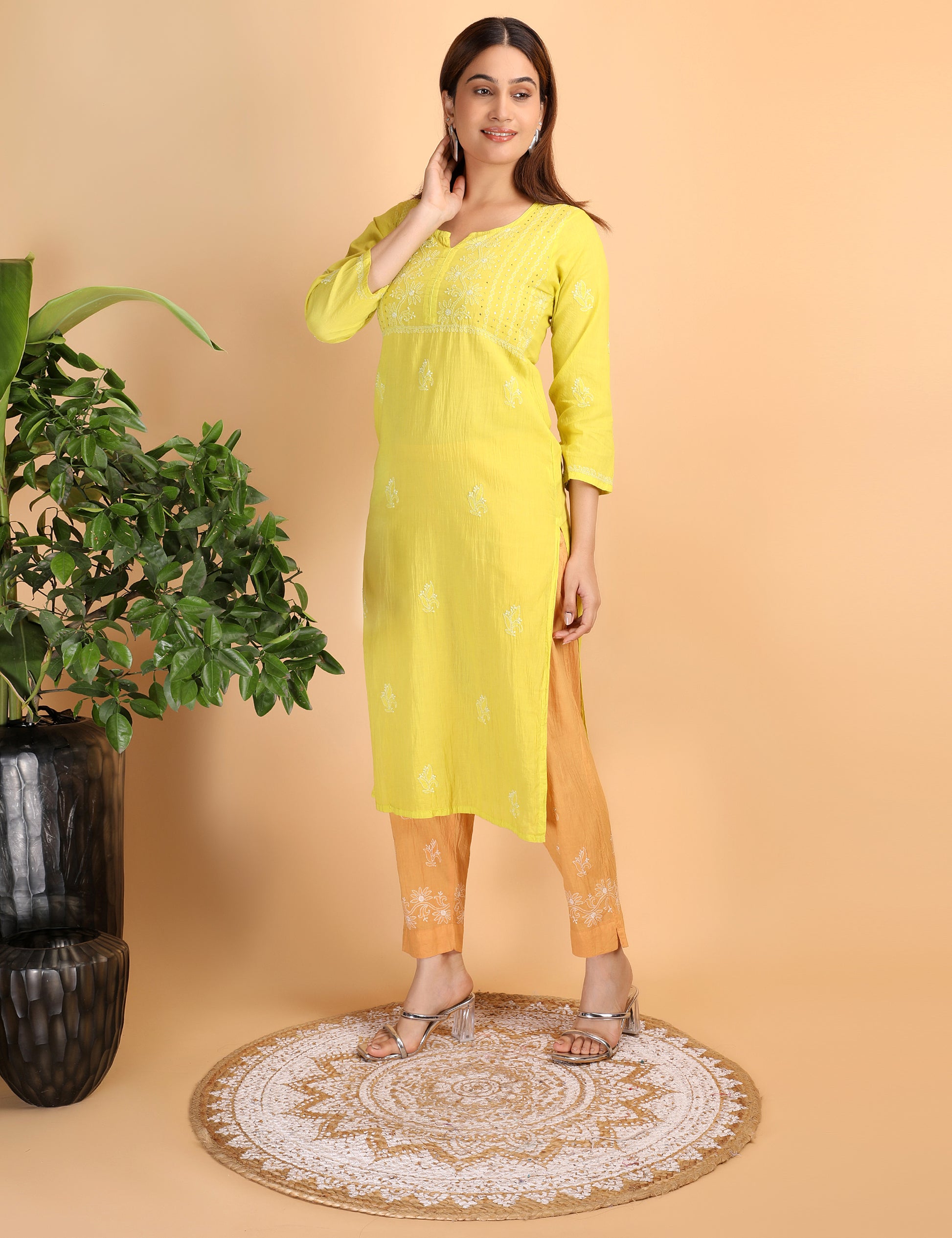 Shwet Artistry Shwet Women Parrot Green Chikankari Kurta pants - Premium Chikankari Collection