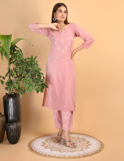 Shwet Women Peach Chikankari Kurta Pants - Shwet Artistry