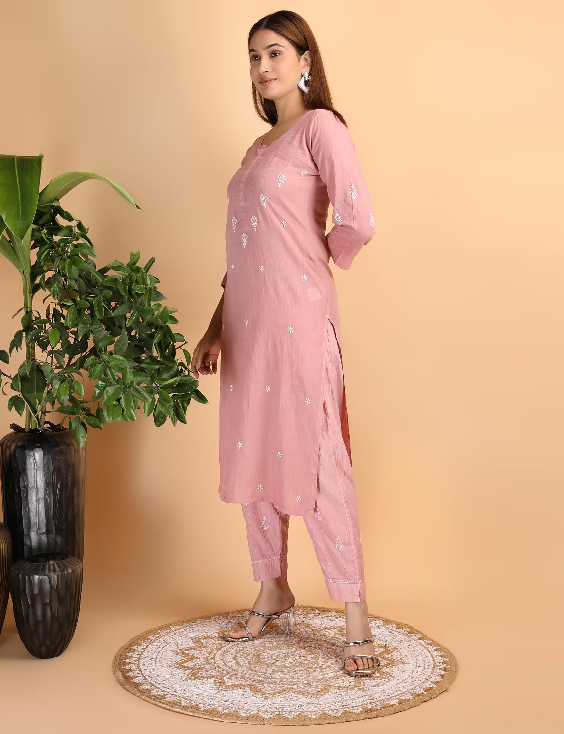 Shwet Women Peach Chikankari Kurta Pants - Shwet Artistry
