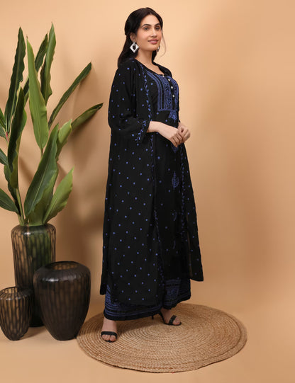 Black & Blue Chikankari Kurta Palazzo Shrug Set