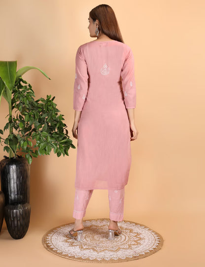 Shwet Women Peach Chikankari Kurta Pants - Shwet Artistry