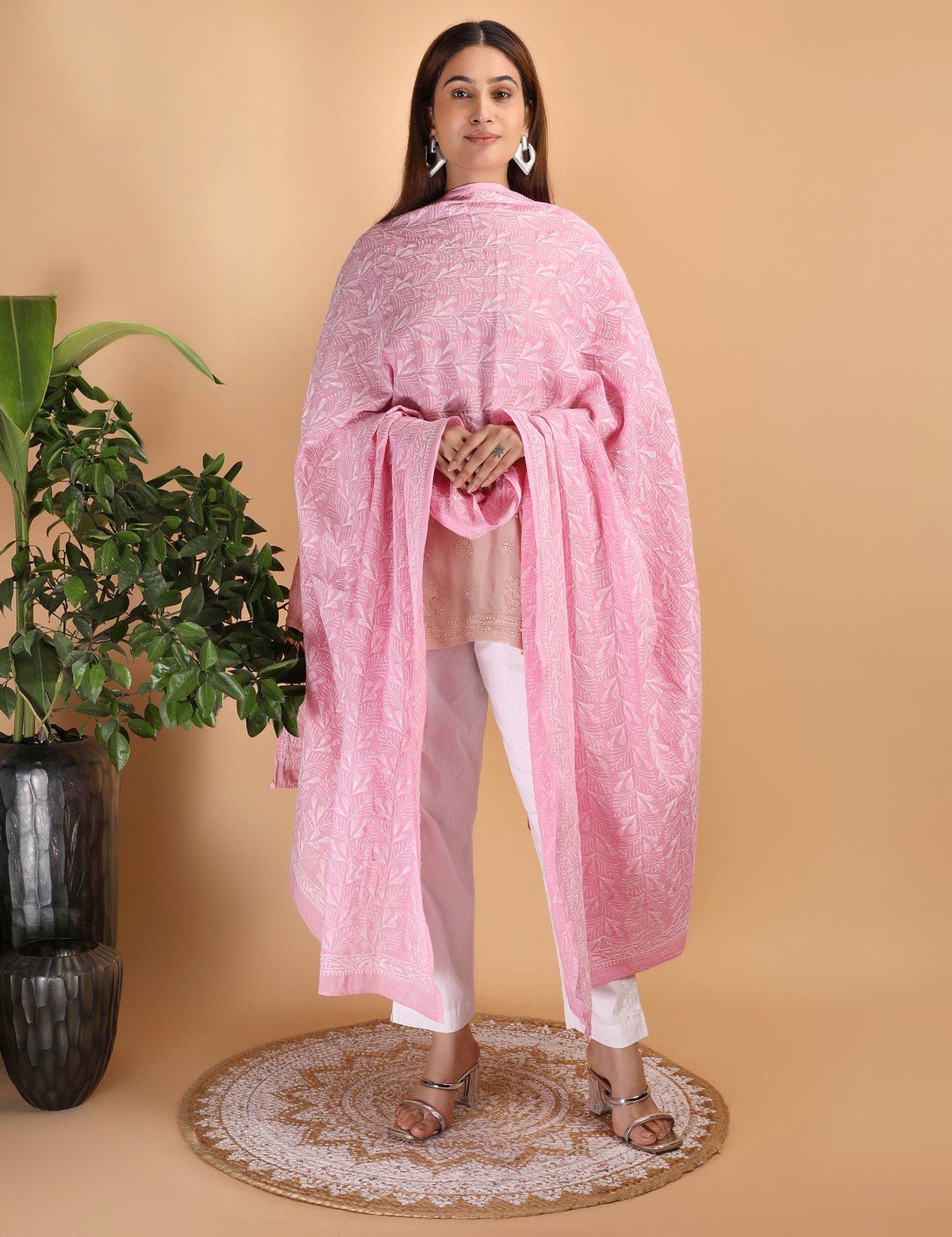 Shwet "pestal Hues"Pink Chikankari Cotton Dupatta - Handcrafted Chikankari embroidery, front view. Premium quality fabric.