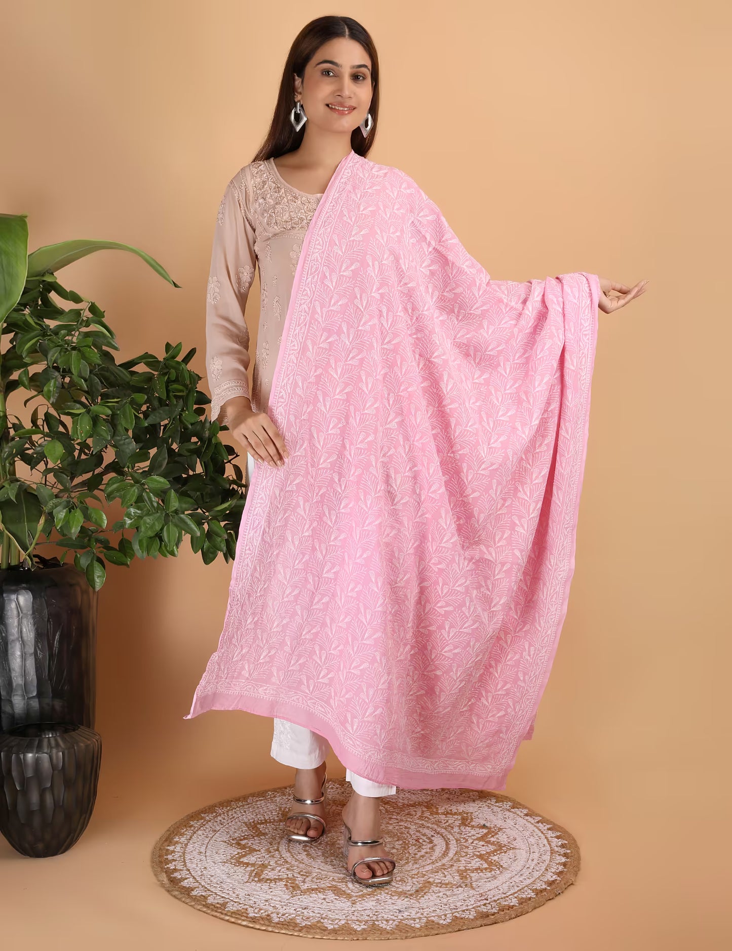 Shwet "pestal Hues" Pink Chikankari Cotton Dupatta - Shwet Artistry