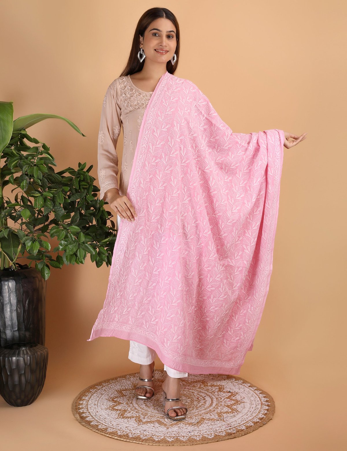 Shwet "pestal Hues"Pink Chikankari Cotton Dupatta - Handcrafted Chikankari embroidery. Premium quality fabric.