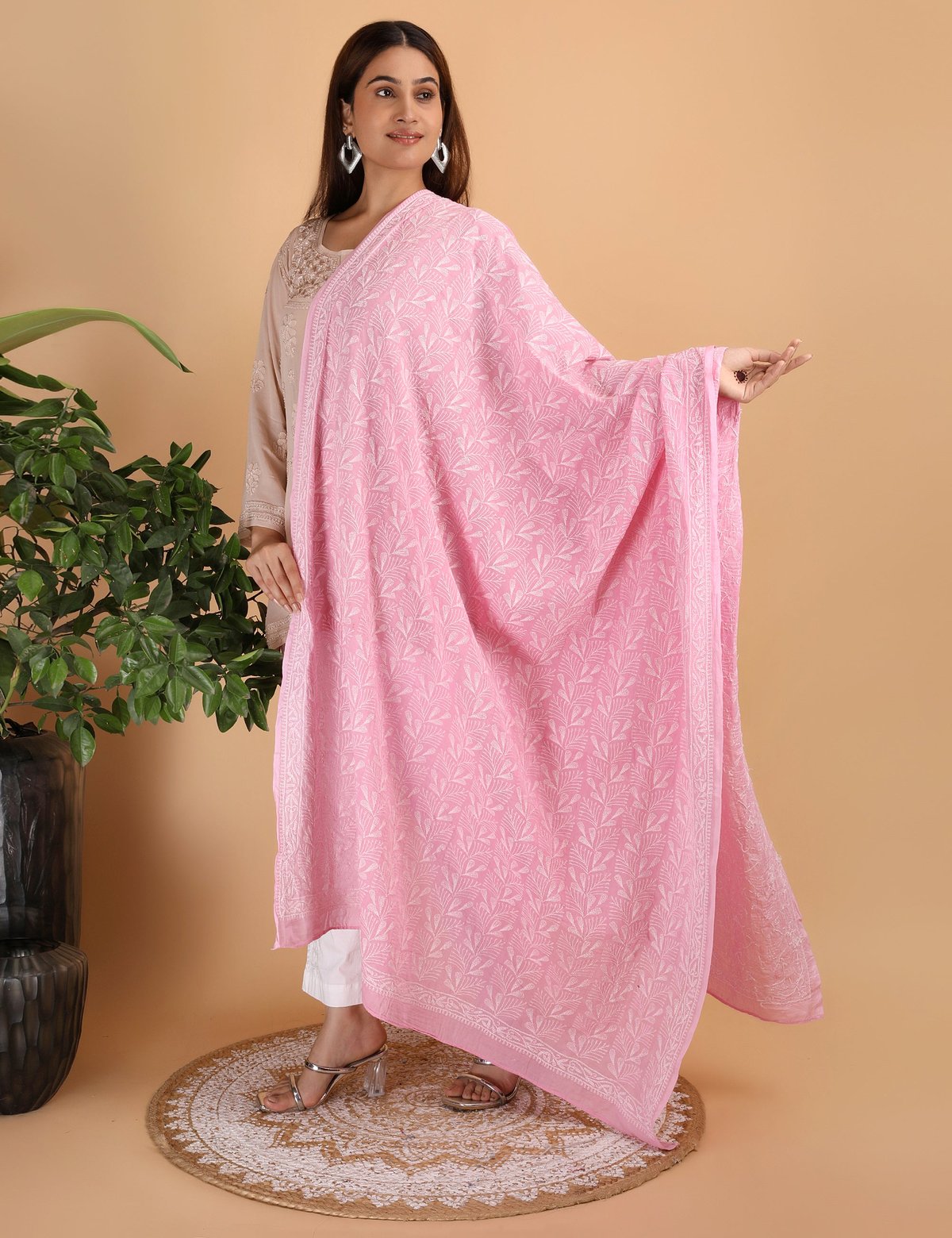 Shwet "pestal Hues"Pink Chikankari Cotton Dupatta - Handcrafted Chikankari embroidery. Premium quality fabric.