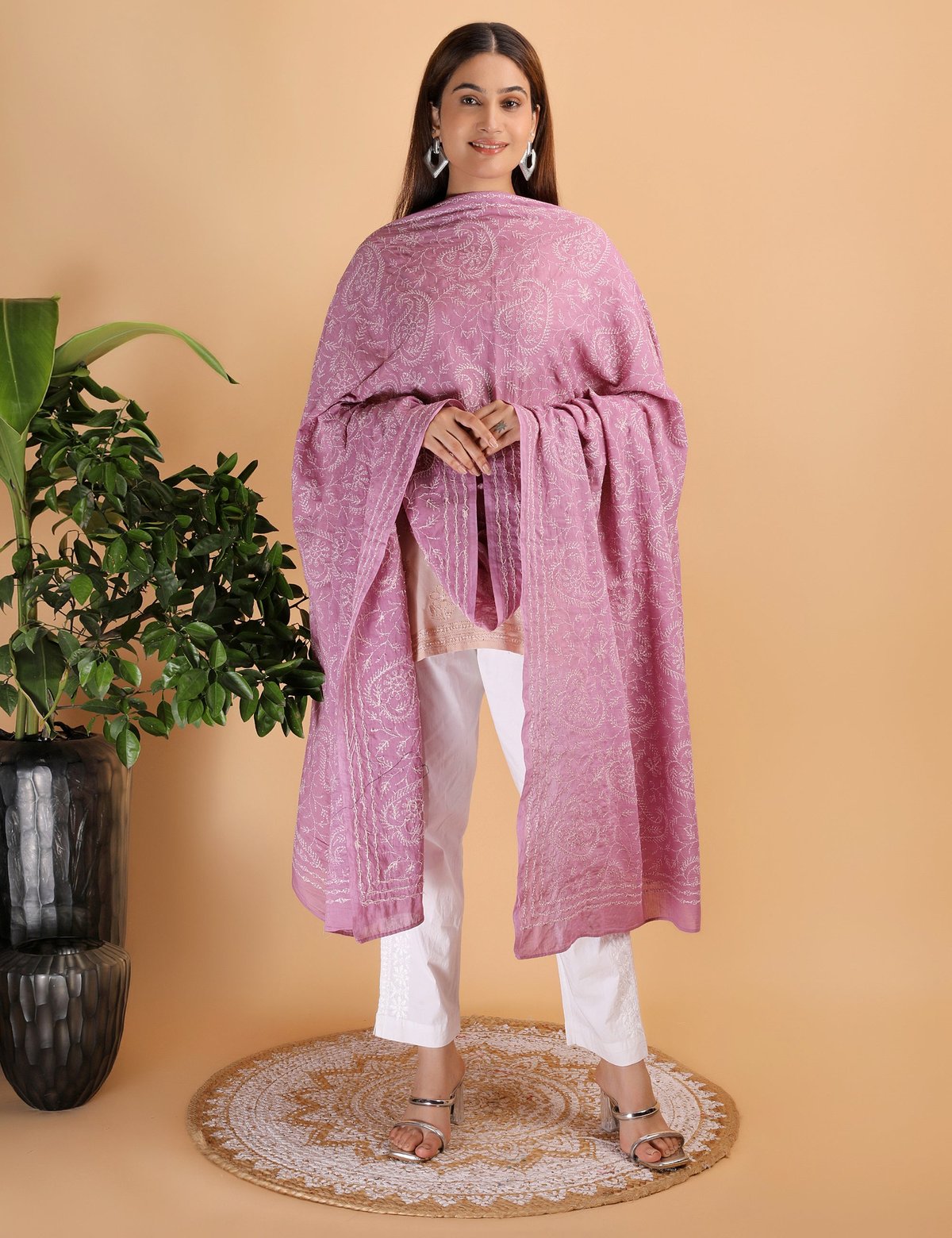 Shwet "pestal Hues"move Chikankari Cotton Dupatta - Handcrafted Chikankari embroidery, styling example. Premium quality fabric.
