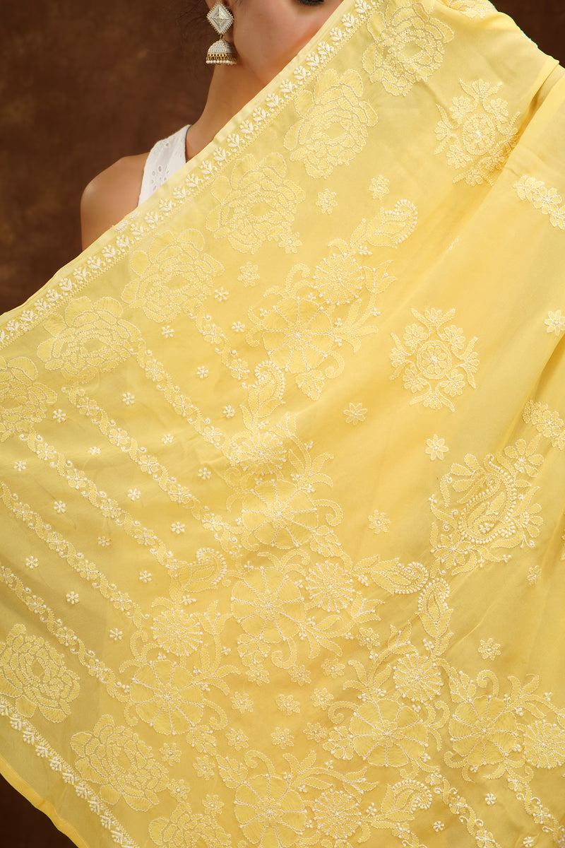 Yellow saree with intricate white patterns held by a person against a dark background