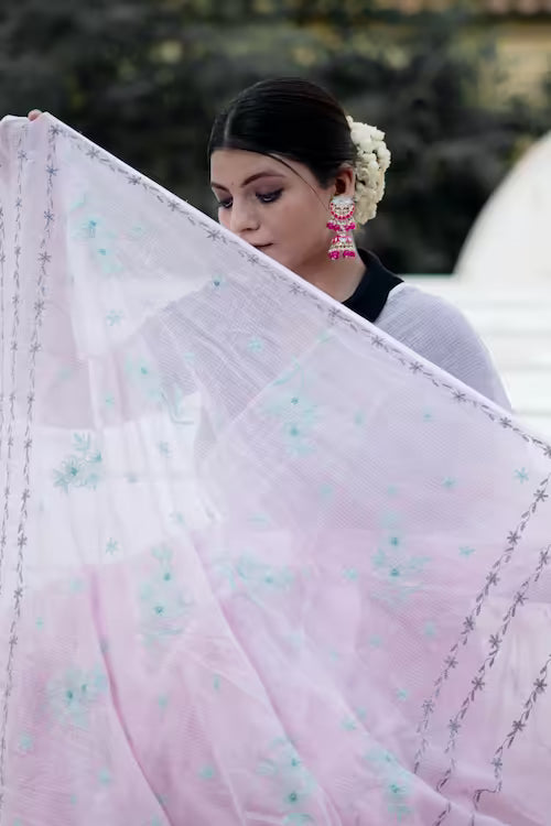 Shwet Pink grey blue Kota Cotton Chikankari Saree